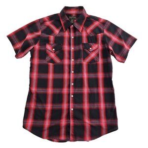 High Noon Shirt Men LGE Fire Red Plaid Western Sawtooth Short Sleeve Pearl Snap